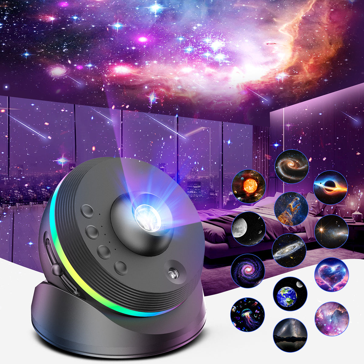 Ultra-Wide Galaxy Projector, 13 Discs, Dynamic Meteor, RGB & HD Lens