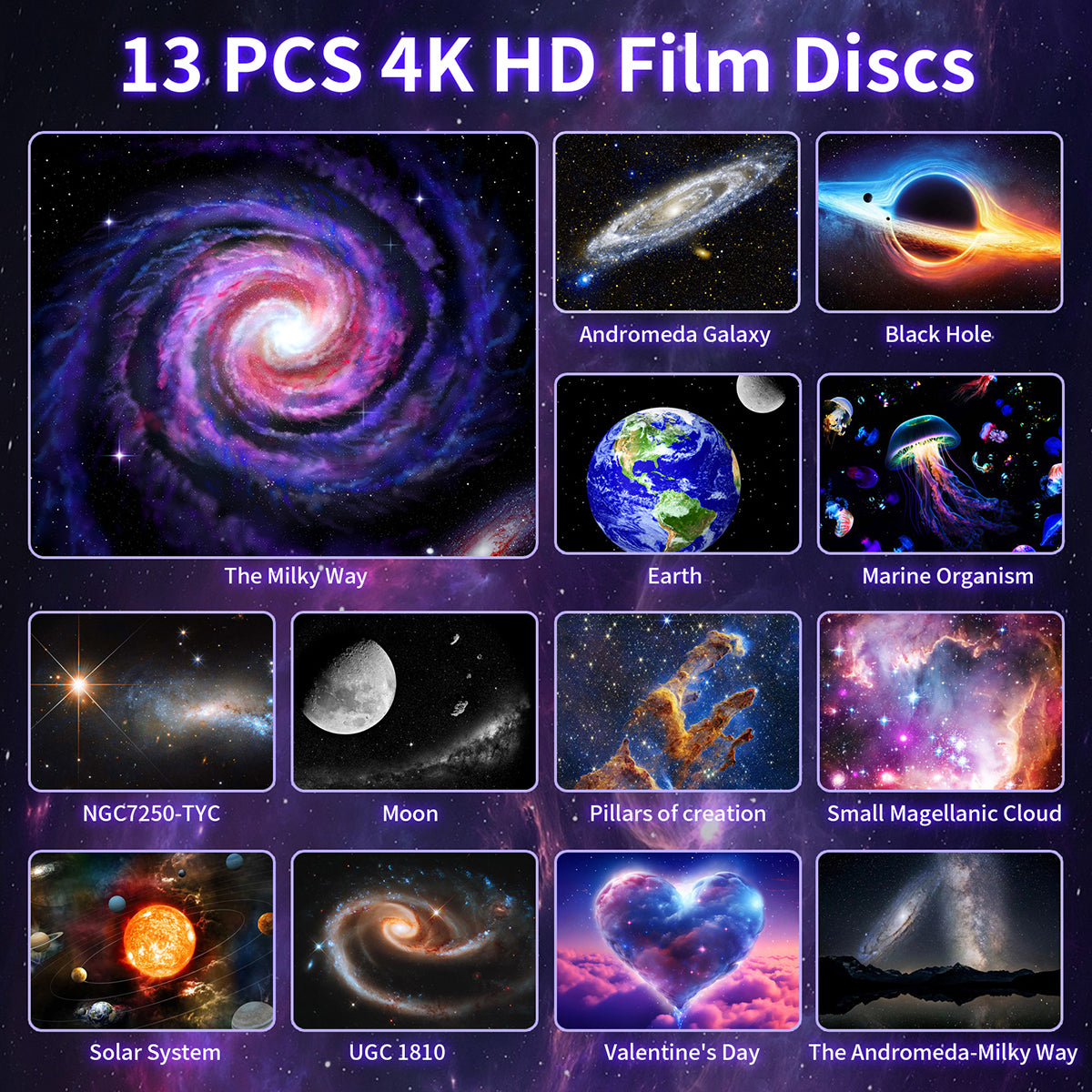 Ultra-Wide Galaxy Projector, 13 Discs, Dynamic Meteor, RGB & HD Lens
